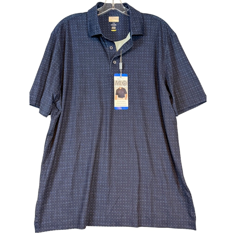 Greg Norman ML75 Stretch Polo Shirt Mens Large Navy Blue Geometric Play Dry Golf